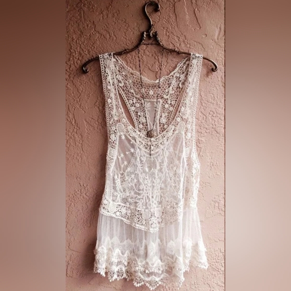 NEW Boho Embroidered Sheer Lace Racerback Tank Cover Up Tunic Top White - Picture 4 of 8